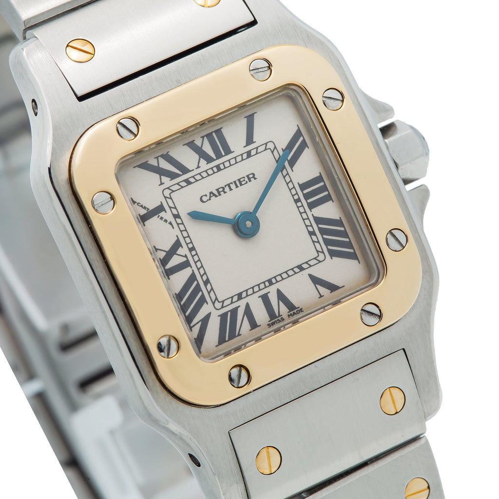 Pre-Owned Cartier Santos Galbée 24MM W20012C4 Ivory Roman Dial Yellow Gold Bezel Two Tone Yellow Gold Bracelet