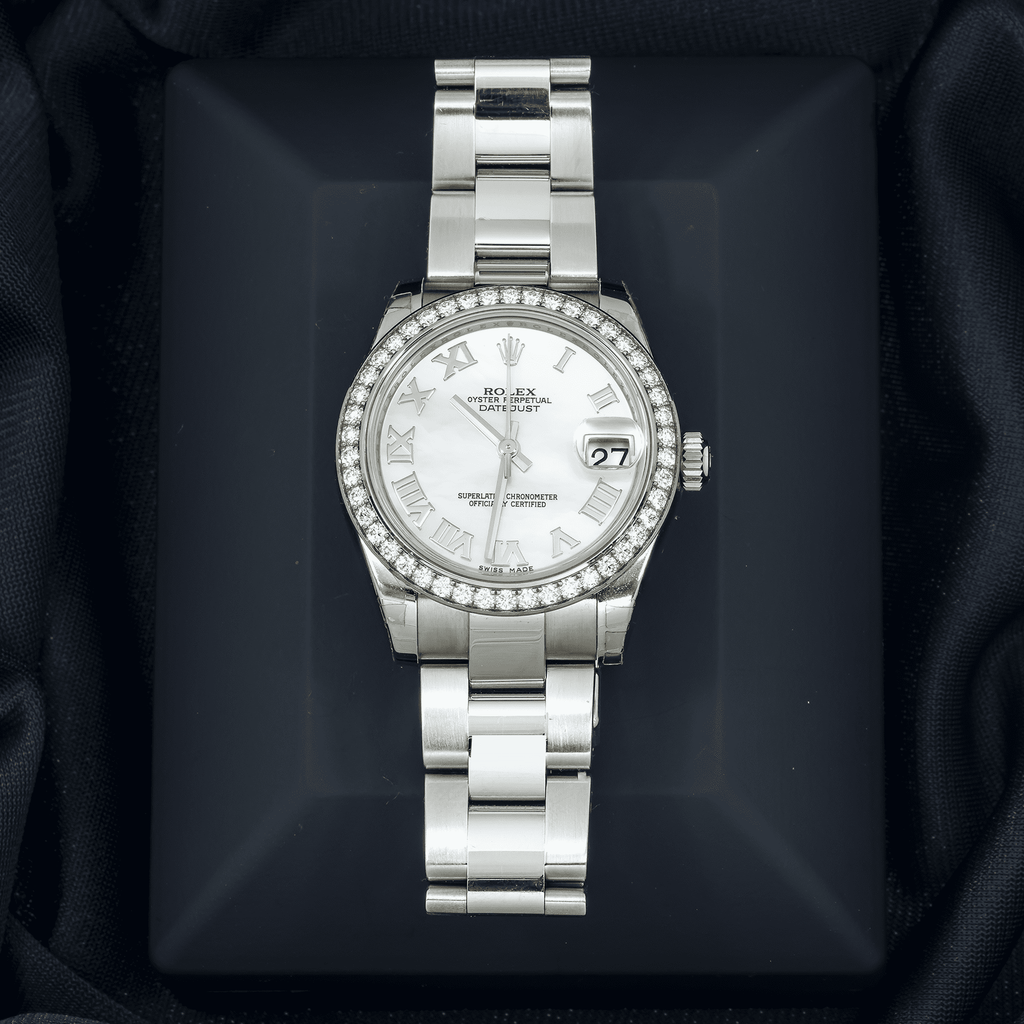 Pre-Owned Rolex Datejust 31MM 178240 White Mother of Pearl Roman Dial Diamond Bezel Stainless Steel Oyster Bracelet