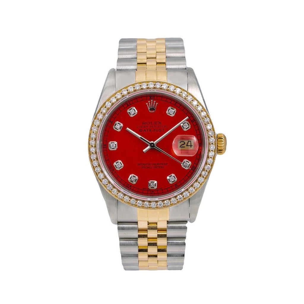 Pre-Owned Rolex Datejust 36MM 16013 Red Diamond Dial Diamond Bezel Two Tone Yellow Gold Jubilee Bracelet 1.2ct