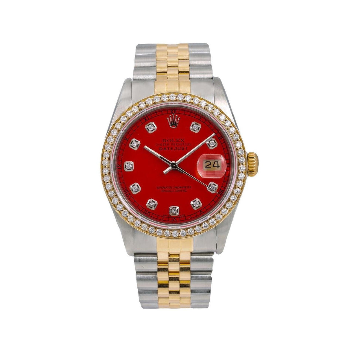 Pre-Owned Rolex Datejust 36MM 16013 Red Diamond Dial Diamond Bezel Two Tone Yellow Gold Jubilee Bracelet 1.2ct