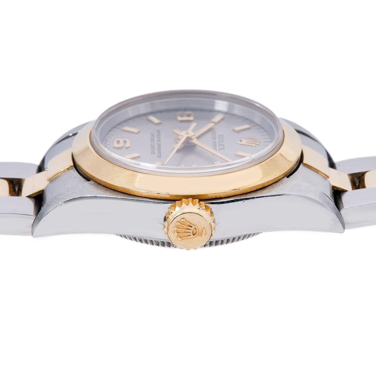 Pre-Owned Rolex Oyster Perpetual 26MM 67183 Gray Arabic Dial Smooth Bezel Two Tone Yellow Gold Oyster Bracelet