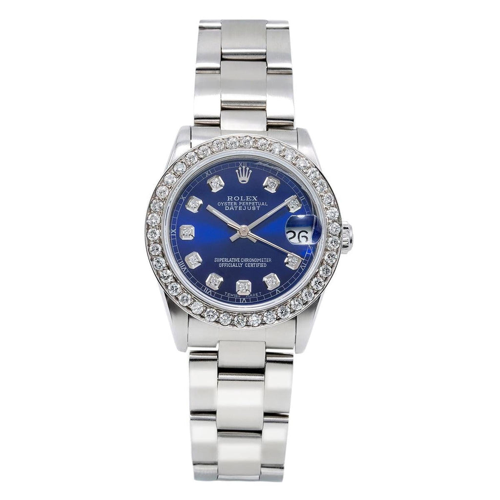 Pre-Owned Rolex Datejust 31MM 78240 Blue Diamond Dial Diamond Bezel Stainless Steel Oyster Bracelet 1.05ct