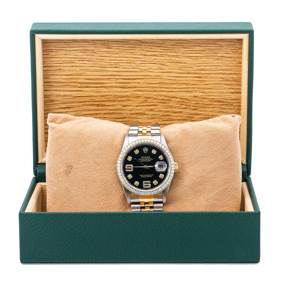 Pre-Owned Rolex Datejust 36MM 16233 Blue Diamond Dial Diamond Bezel Two Tone Yellow Gold Jubilee Bracelet