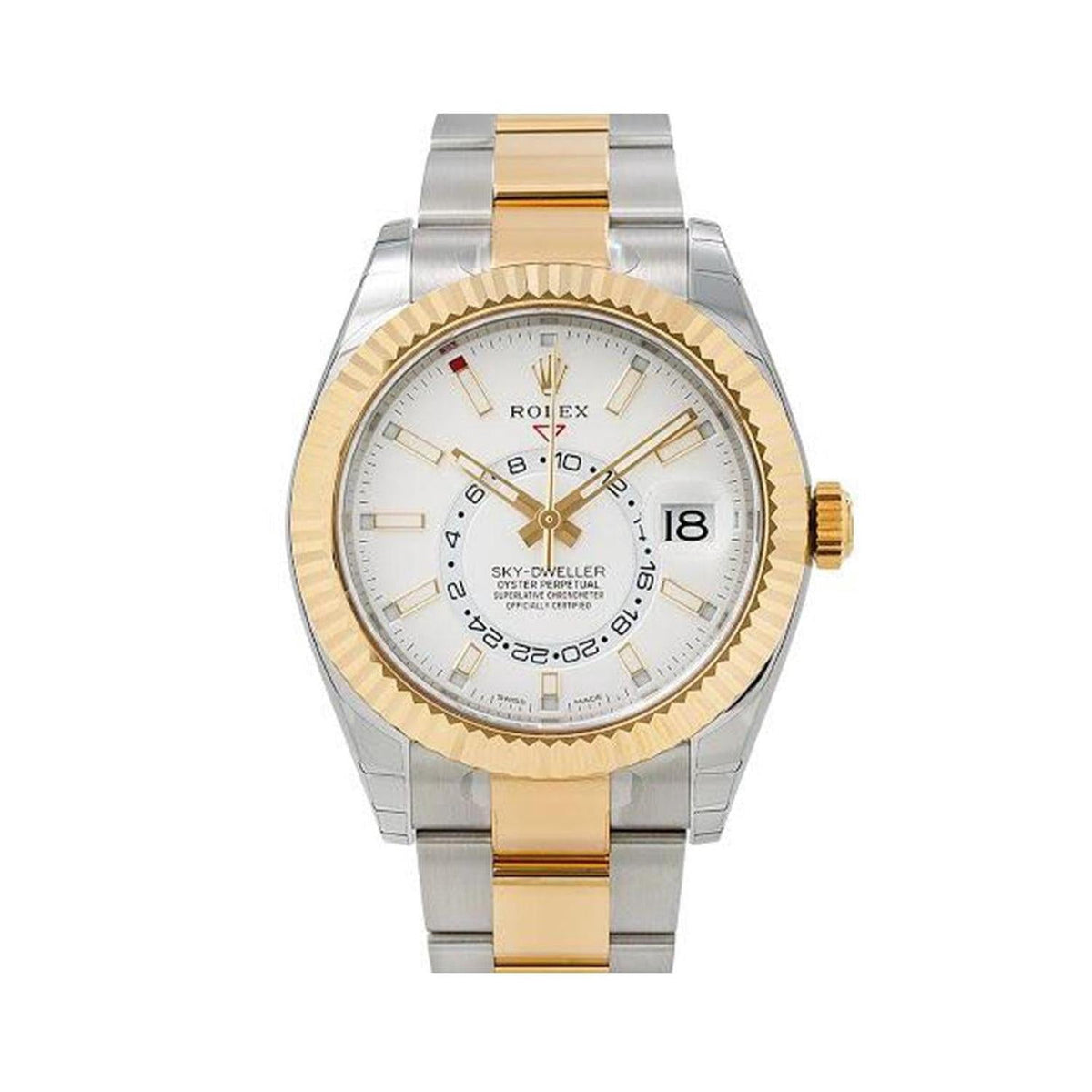 Pre-Owned Rolex Sky-Dweller 42MM 326933 White Dial Fluted Bezel Two Tone Yellow Gold Oyster Bracelet