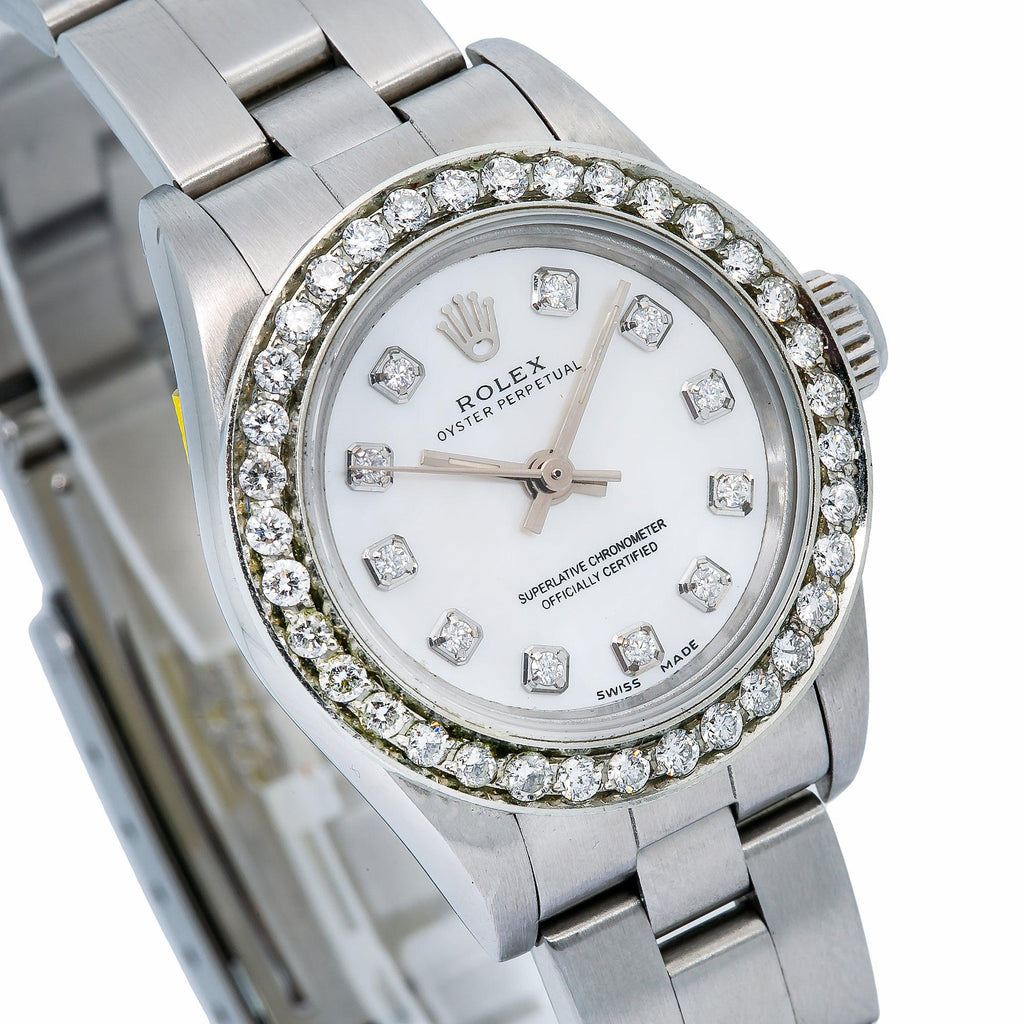 Pre-Owned Rolex Oyster Perpetual 26MM 76094 White Mother of Pearl Diamond Dial Diamond Bezel Stainless Steel Oyster Bracelet