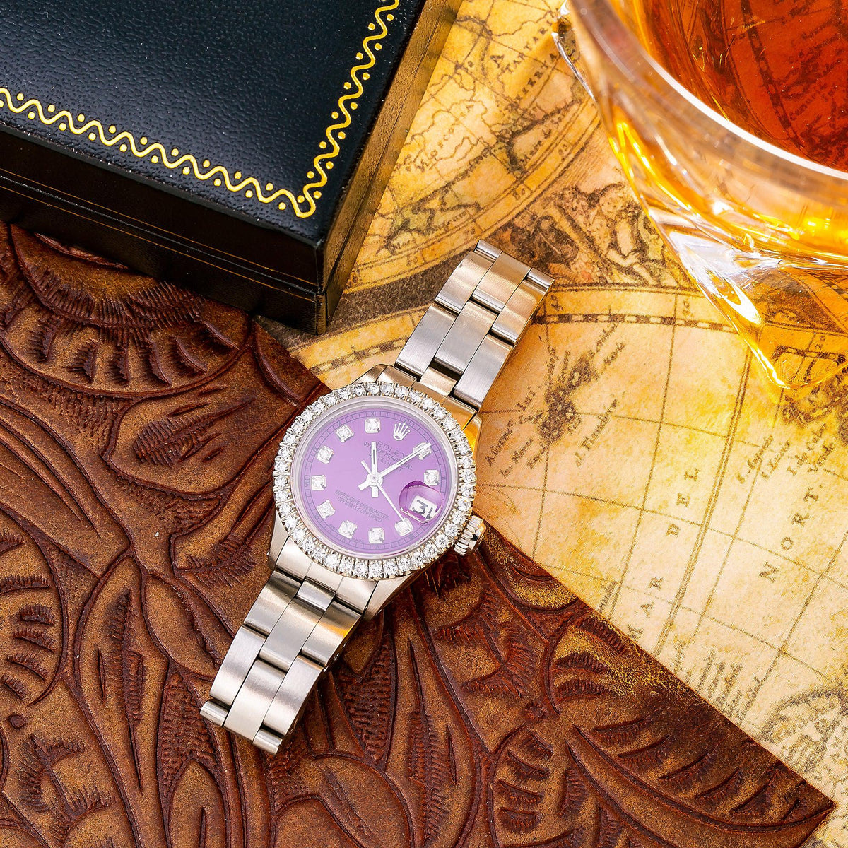 Pre-Owned Rolex Datejust 26MM 6916 Purple Diamond Dial Diamond Bezel Stainless Steel Oyster Bracelet