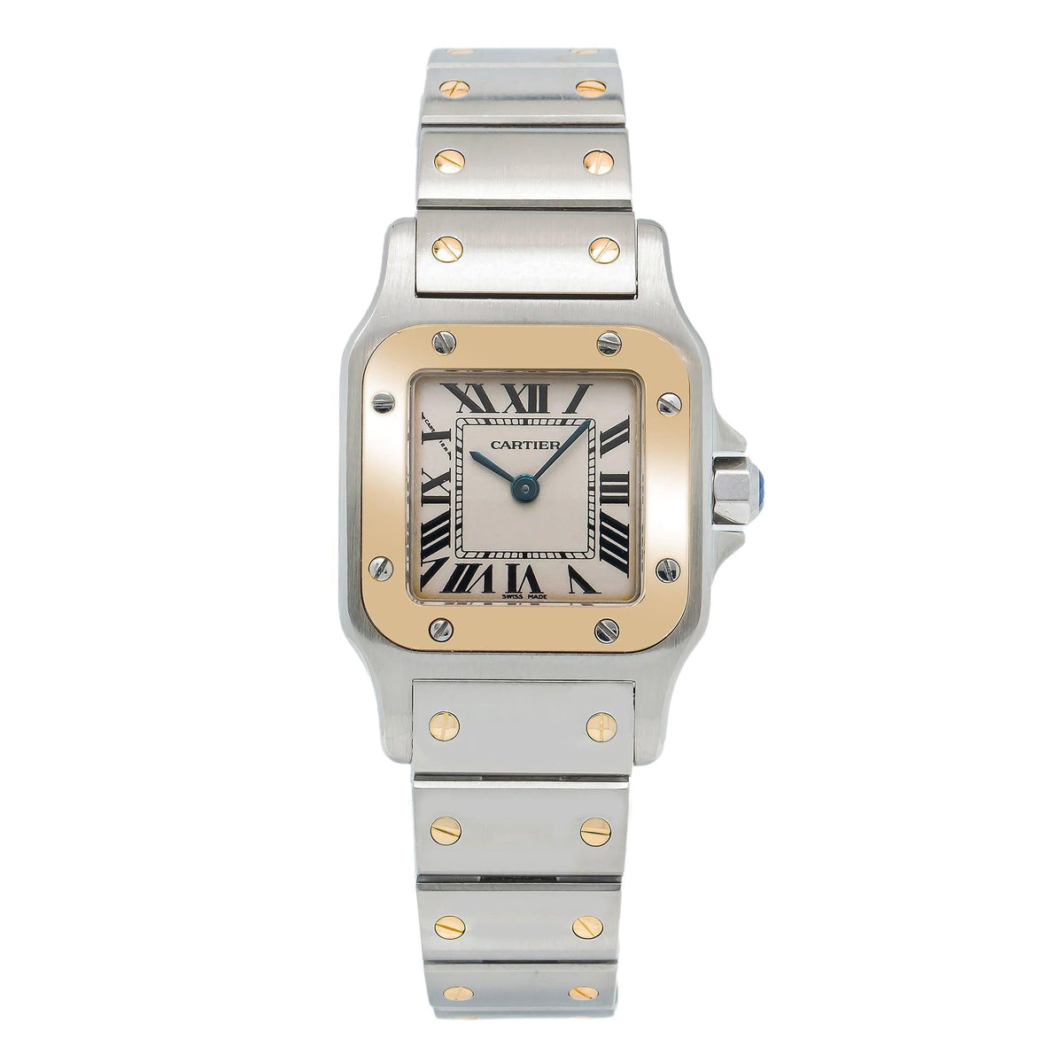 Pre-Owned Cartier Santos Galbée 24MM W20012C4 Ivory Roman Dial Yellow Gold Bezel Two Tone Yellow Gold Bracelet