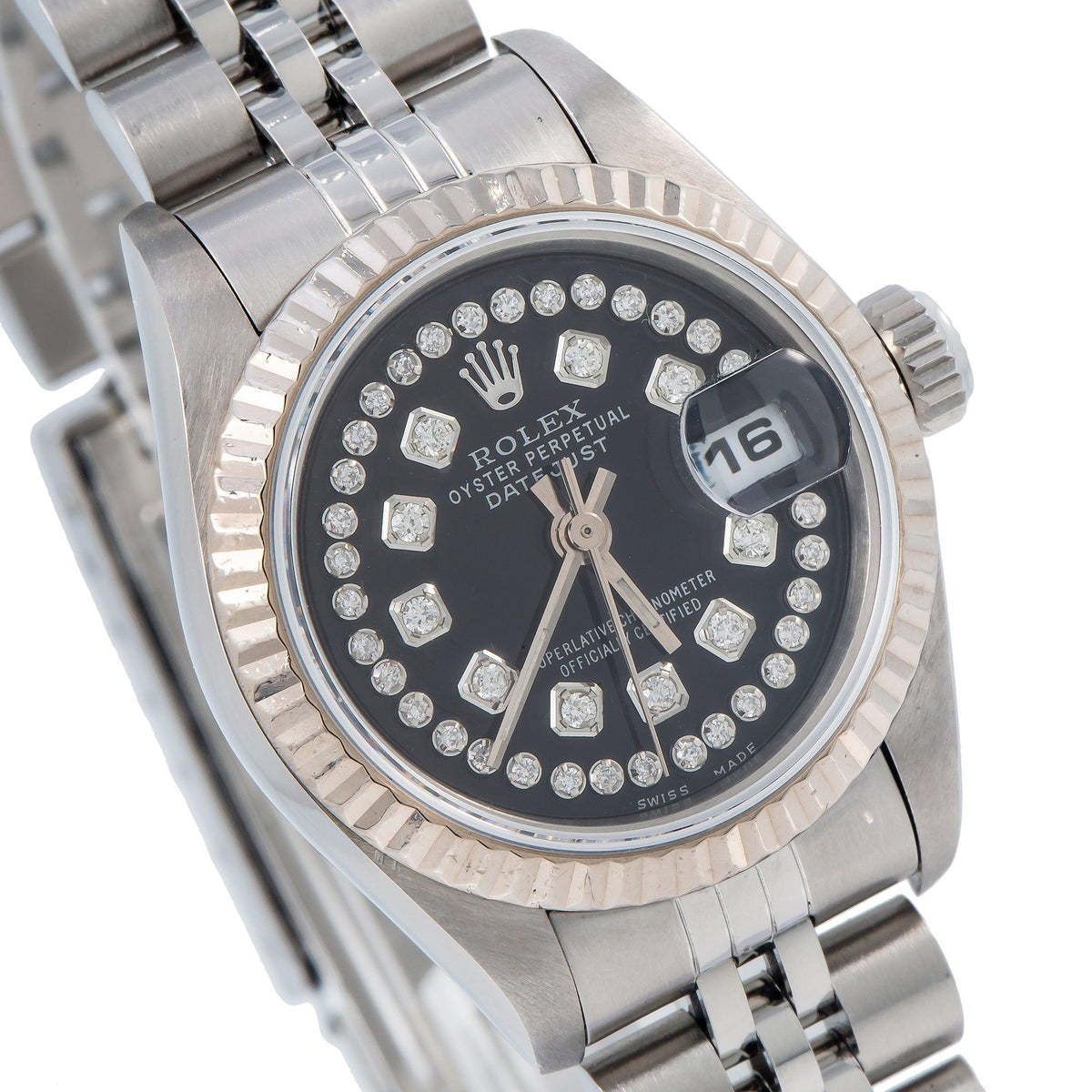 Pre-Owned Rolex Datejust 26MM 69174 Black Diamond Dial Fluted Bezel Stainless Steel Jubilee Bracelet