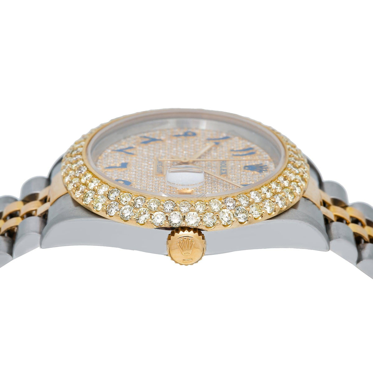 Pre-Owned Rolex Datejust 36MM 16233 Diamond Paved Blue Eastern Arabic Dial Diamond Bezel Two Tone Yellow Gold Jubilee Bracelet 4.75ct