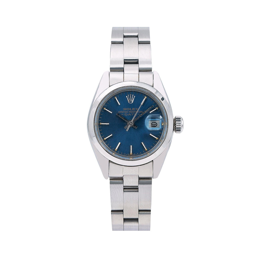 Pre-Owned Rolex Date 26MM 69160 Blue Dial Smooth Bezel Stainless Steel Oyster Bracelet
