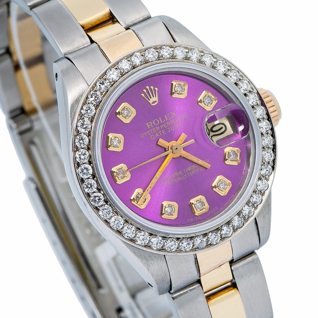 Pre-Owned Rolex Datejust 26MM 69173 Purple Diamond Dial Diamond Bezel Two Tone Yellow Gold Oyster Bracelet 0.9ct