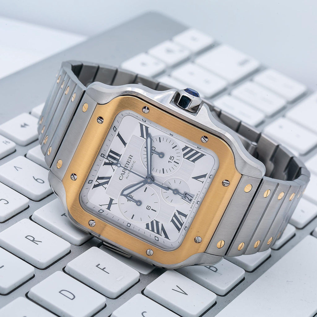 Pre-Owned Cartier Santos 43MM W2SA0008 Silver Roman Dial Yellow Gold Bezel Two Tone Yellow Gold Bracelet