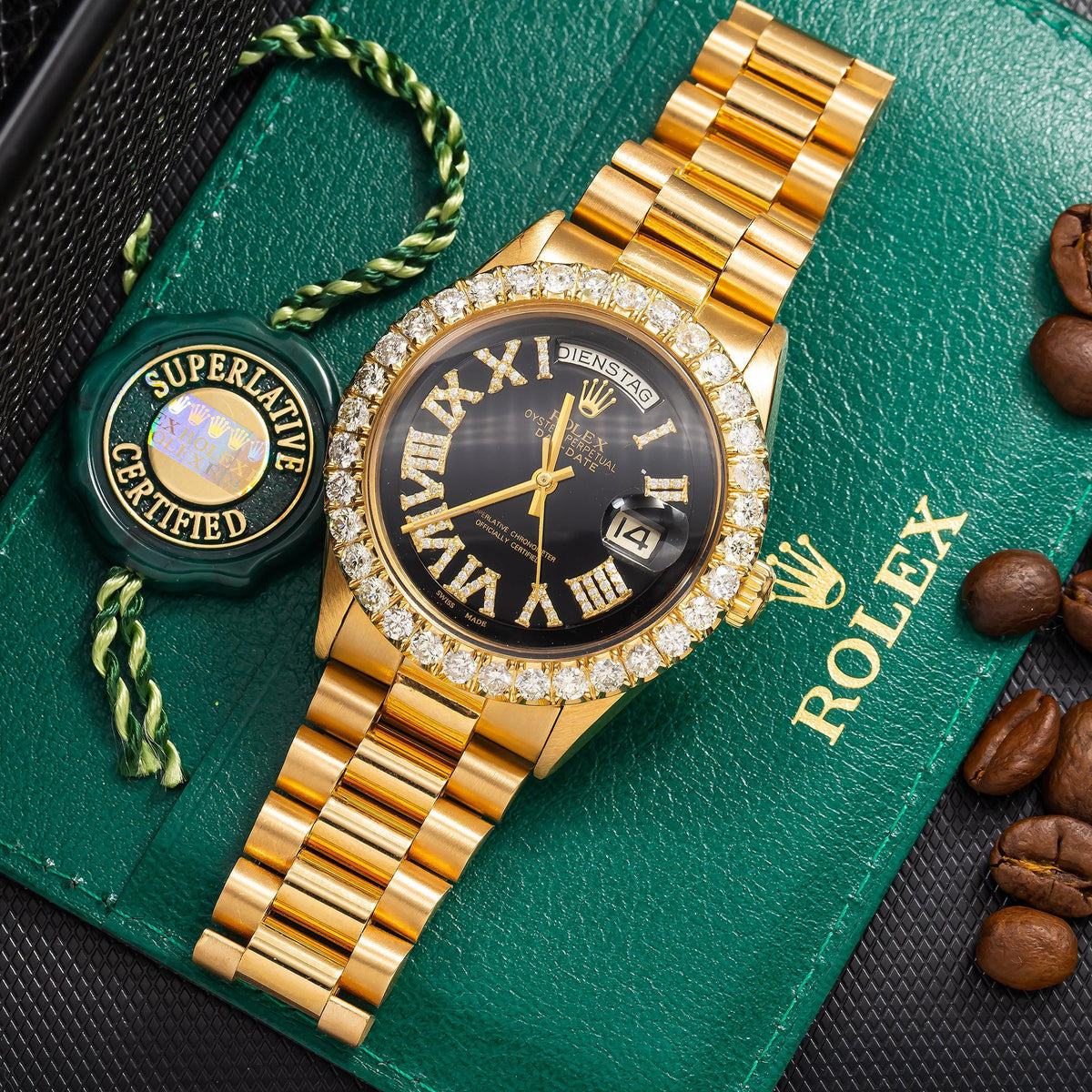 Pre-Owned Rolex Day-Date 36MM 1803 Black Roman Diamond Dial Diamond Bezel 18K Yellow Gold President Bracelet