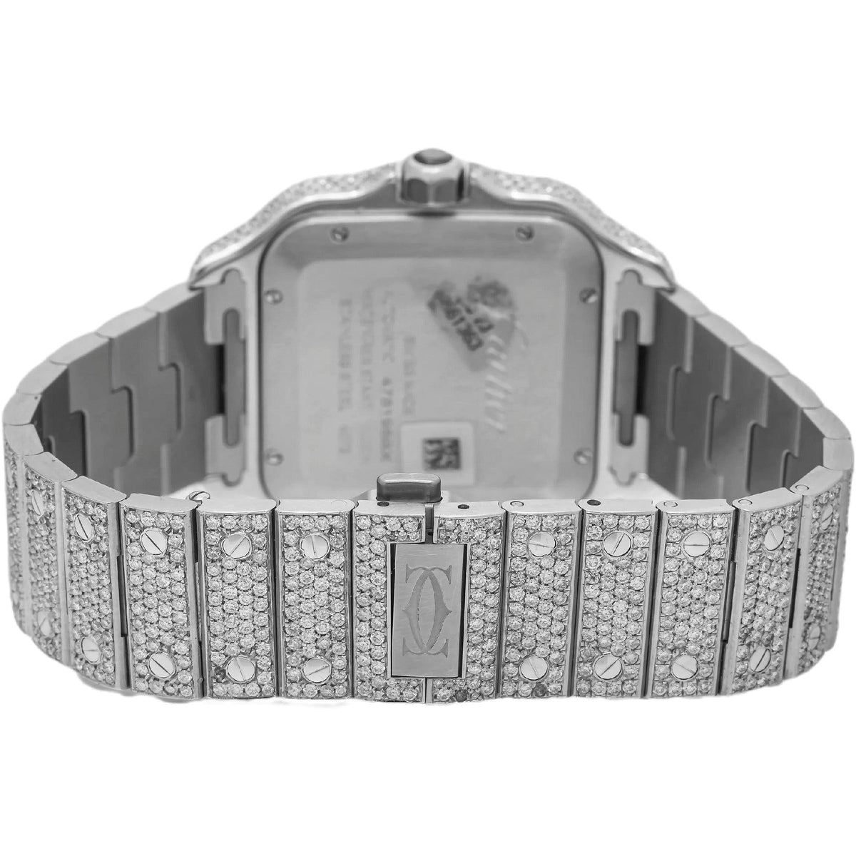 Pre-Owned Cartier Santos 35.1MM WSSA0029 Diamond Paved Roman Dial Diamond Bezel Stainless Steel Full Diamond Bracelet