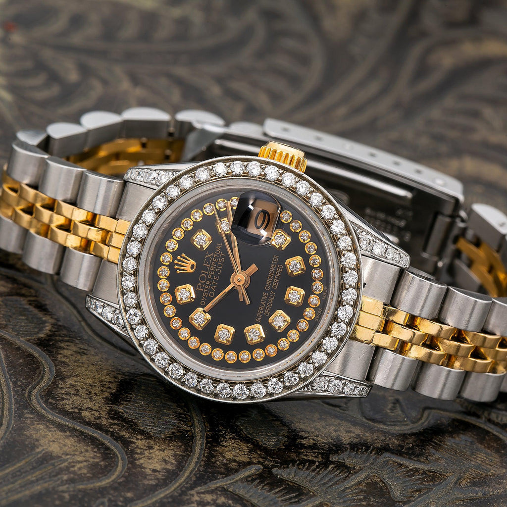 Pre-Owned Rolex Datejust 26MM 6917 Black Diamond Dial Diamond Bezel Two Tone Yellow Gold Jubilee Bracelet 1.2ct