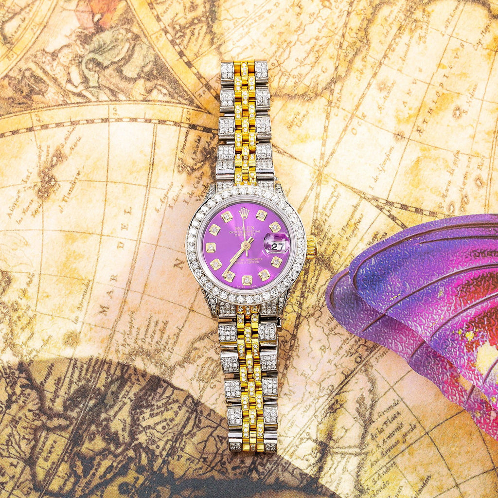 Pre-Owned Rolex Datejust 26MM 69173 Purple Diamond Dial Diamond Bezel Two Tone Yellow Gold Full Diamond Jubilee Bracelet