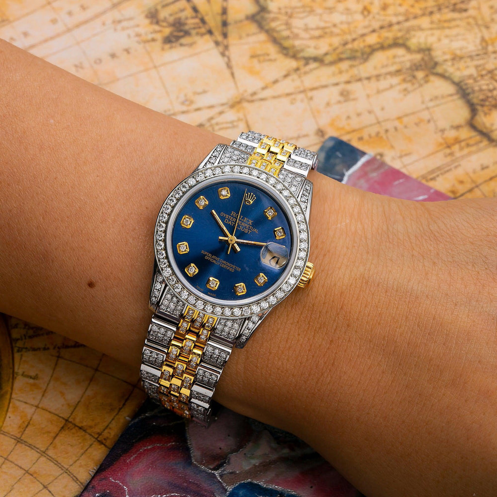 Pre-Owned Rolex Datejust 31MM 6824 Blue Diamond Dial Diamond Bezel Two Tone Yellow Gold Full Diamond Jubilee Bracelet