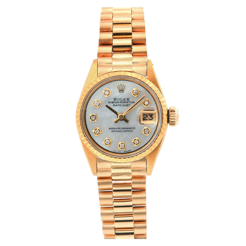 Pre-Owned Rolex Datejust 26MM 6917 Mother of Pearl Diamond Dial Fluted Bezel 18K Yellow Gold President Bracelet