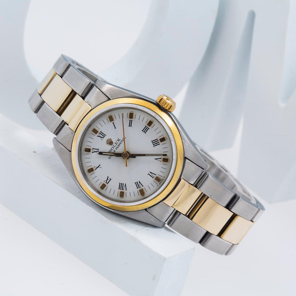 Pre-Owned Rolex Oyster Perpetual 31MM 6748 White Roman Dial Smooth Bezel Two Tone Yellow Gold Oyster Bracelet