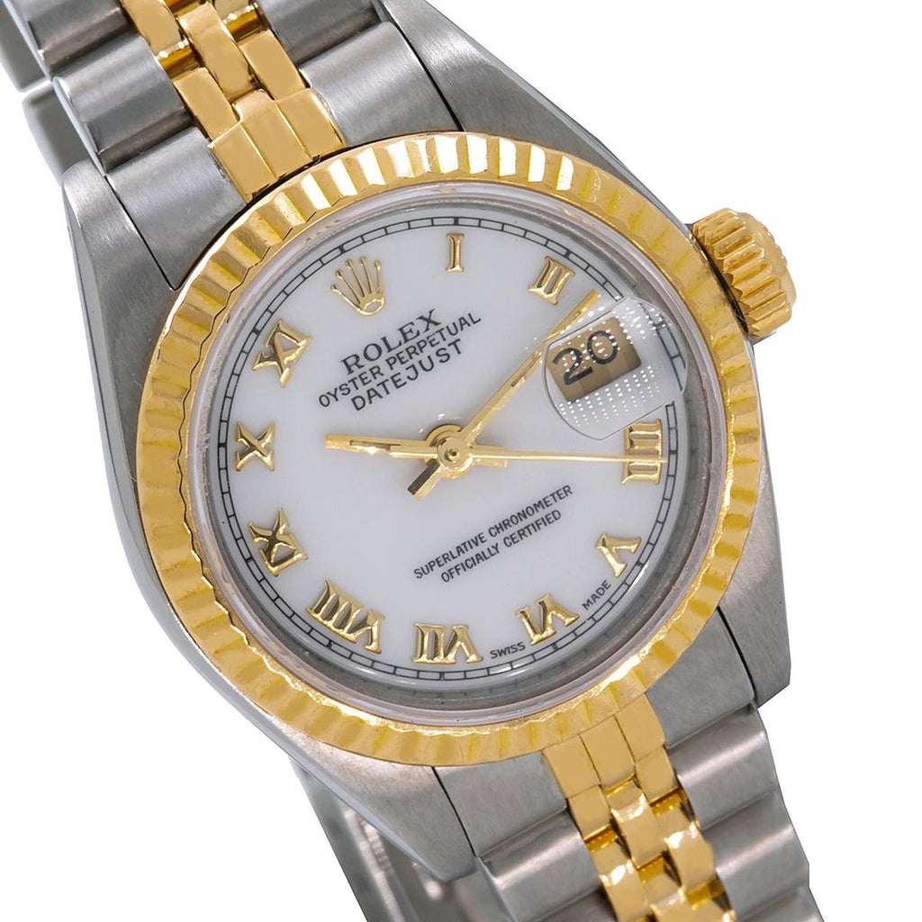Pre-Owned Rolex Datejust 26MM 6917 White Roman Dial Fluted Bezel Two Tone Yellow Gold Jubilee Bracelet