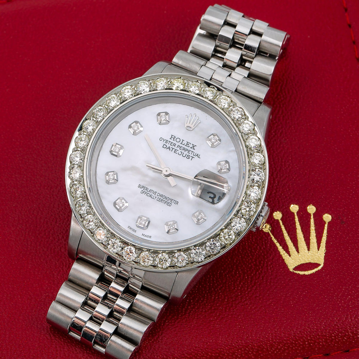Pre-Owned Rolex Datejust 36MM 16014 White Mother of Pearl Diamond Dial Diamond Bezel Stainless Steel Jubilee Bracelet