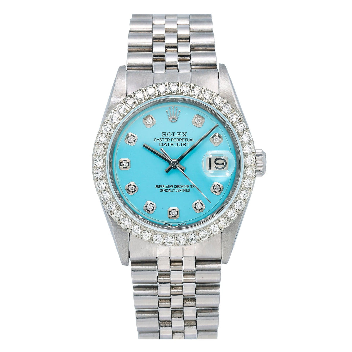 Pre-Owned Rolex Datejust 36MM 1601 Ice Blue Diamond Dial Diamond Bezel Stainless Steel Jubilee Bracelet