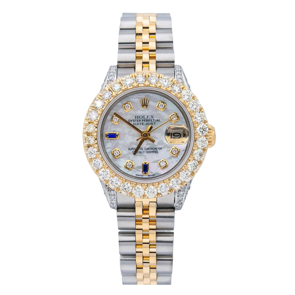 Pre-Owned Rolex Datejust 26MM 69173 Mother of Pearl Diamond Dial Diamond Bezel Two Tone Yellow Gold Jubilee Bracelet 2.75ct