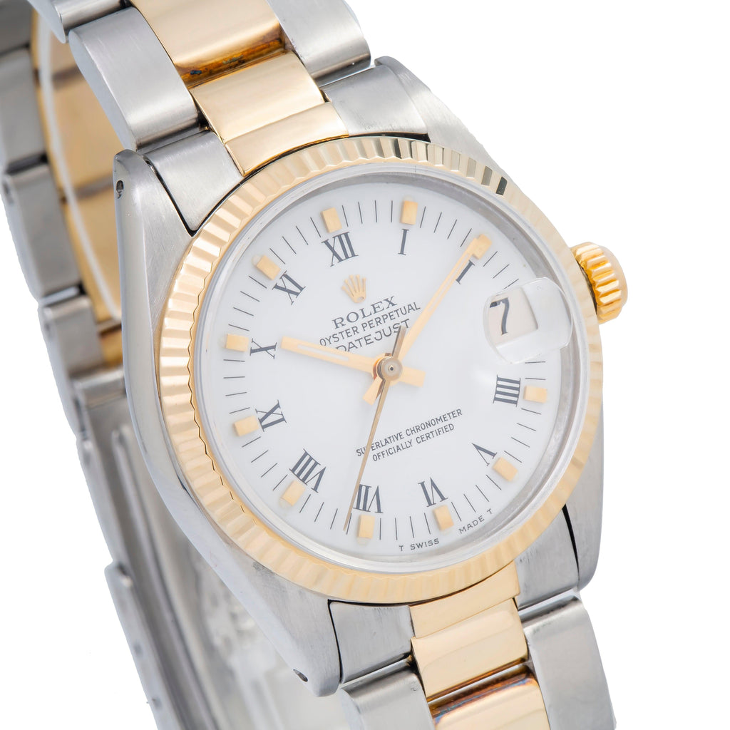Pre-Owned Rolex Datejust 31MM 6827 White Roman Dial Fluted Bezel Two Tone Yellow Gold Oyster Bracelet