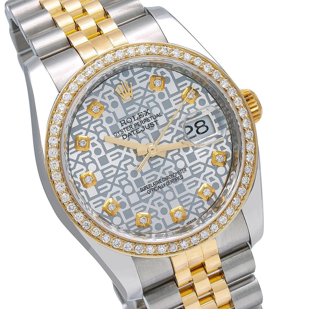 Pre-Owned Rolex Datejust 36MM 116233 Silver Pattern Diamond Dial Diamond Bezel Two Tone Yellow Gold Jubilee Bracelet 1.2ct