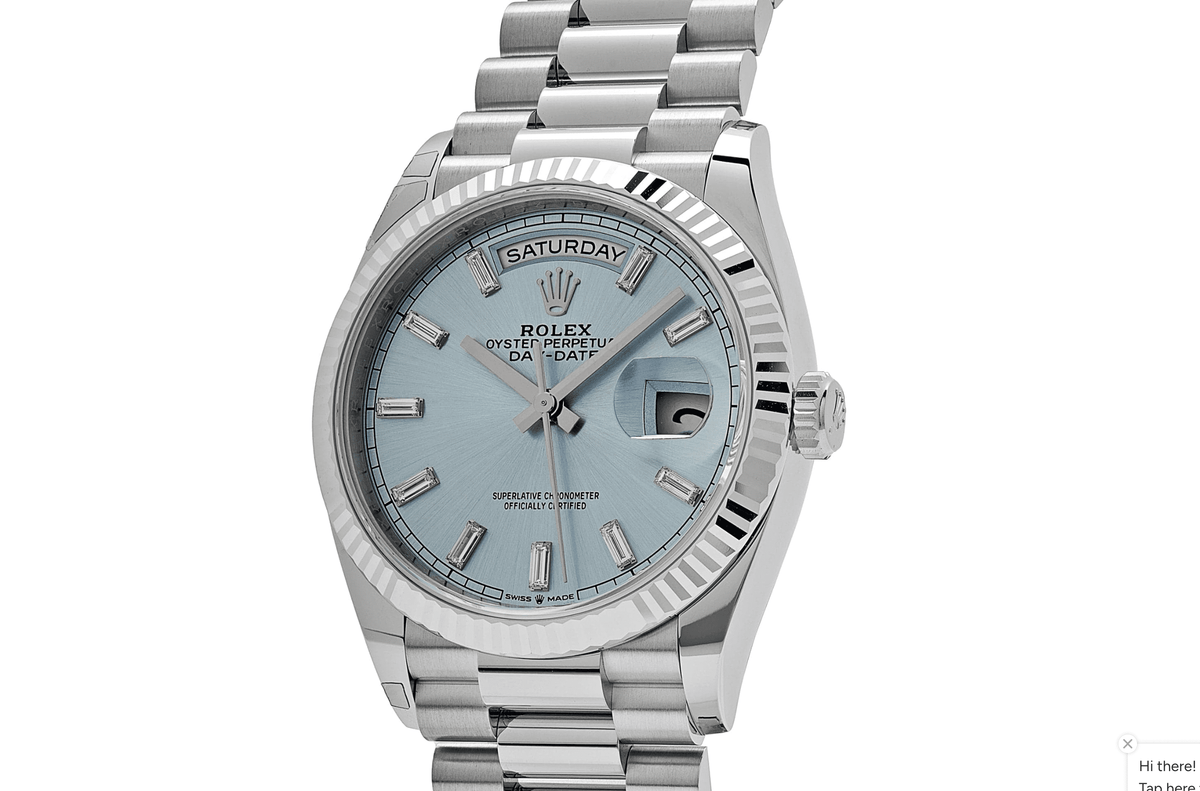 Pre-Owned Rolex Platinum President Day-Date 40 â€“ Ice Blue Baguette Dial Ref. 228236