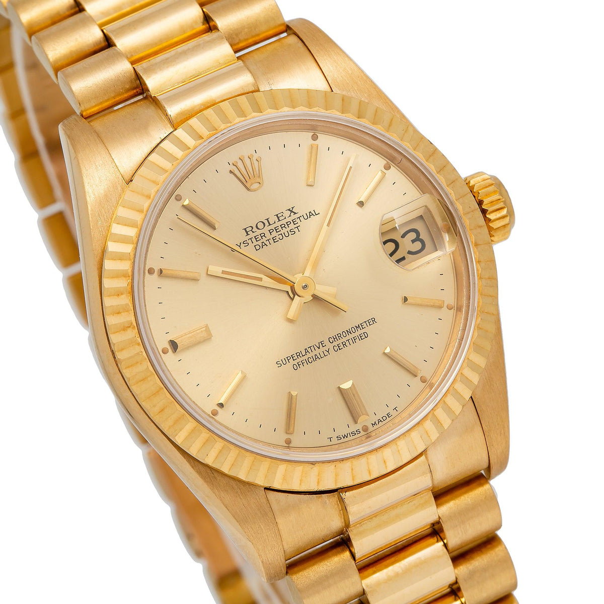 Pre-Owned Rolex Datejust 31MM 68278 Champagne Dial Fluted Bezel 18K Yellow Gold President Bracelet