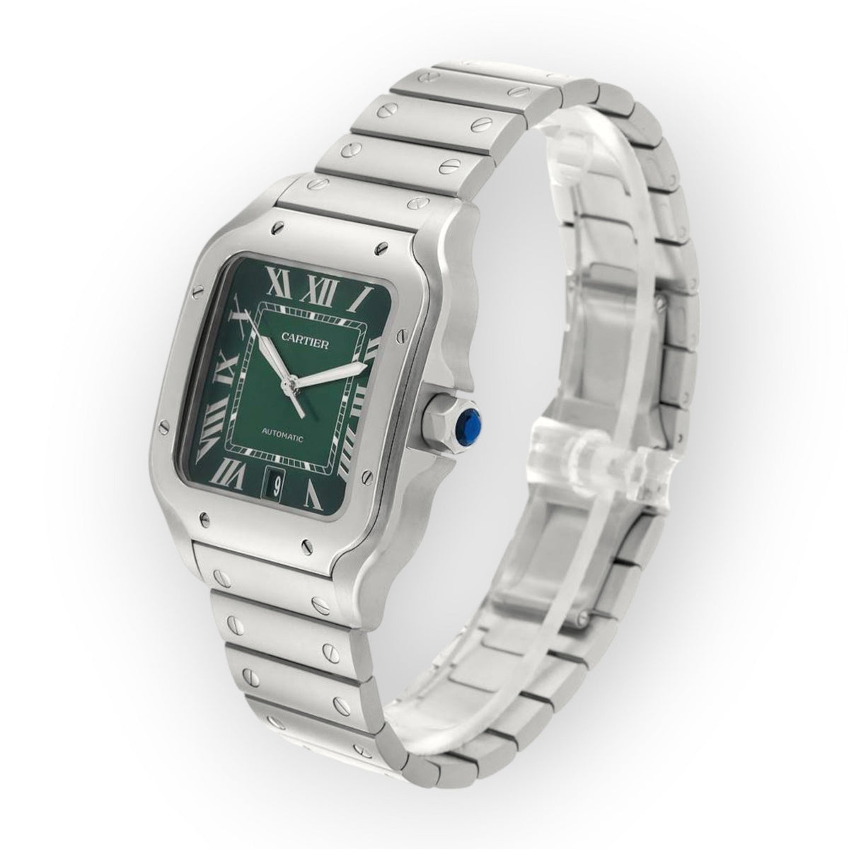 Pre-Owned Cartier Santos Large Green Dial Steel Mens Watch WSSA0062