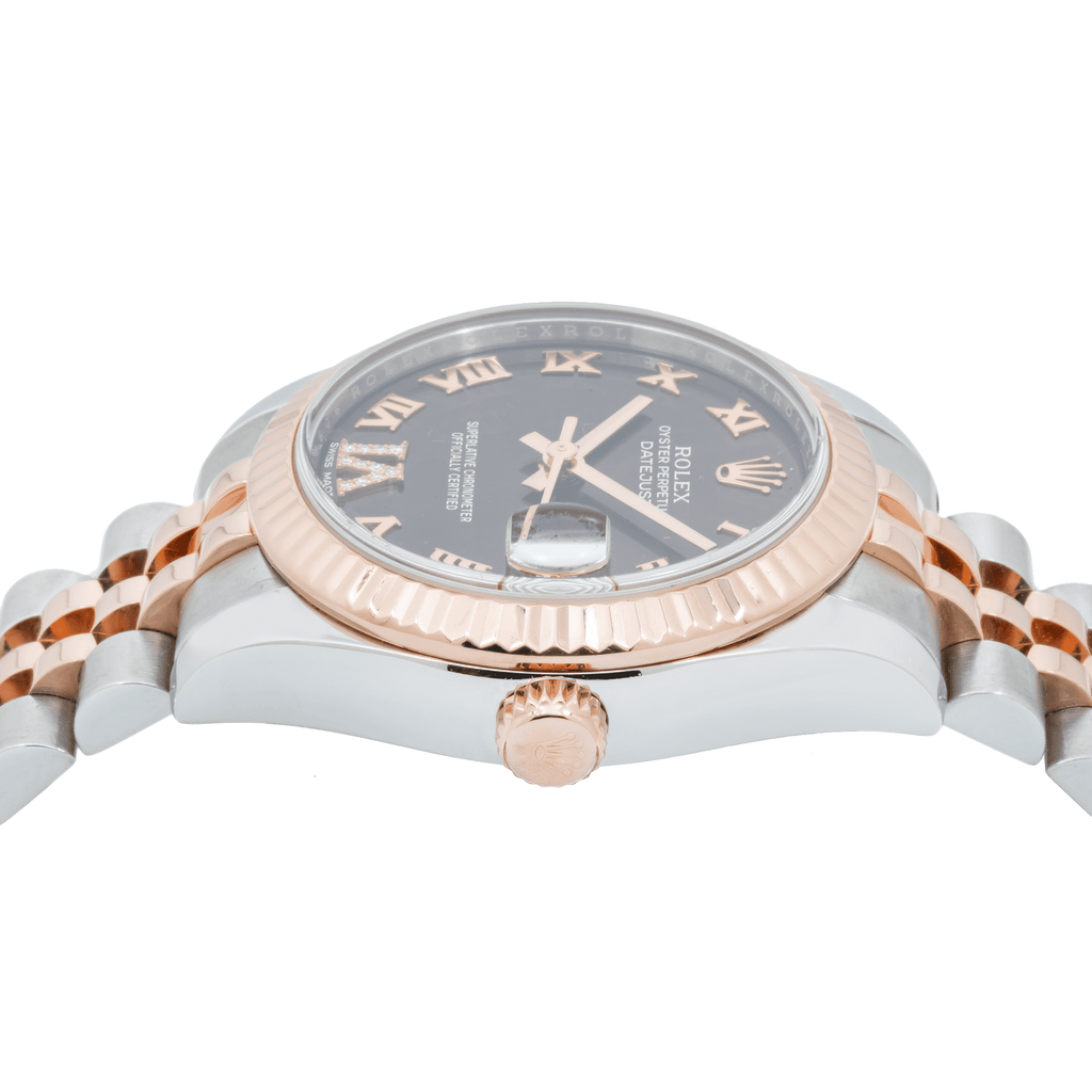 Pre-Owned Rolex Datejust 31MM 178271 Chocolate Roman Diamond Dial Fluted Bezel Two Tone Rose Gold Jubilee Bracelet