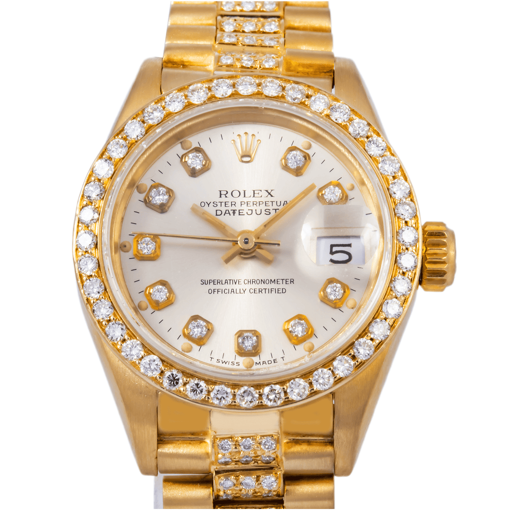 Pre-Owned Rolex Datejust 26MM 69178 Mother of Pearl Diamond Dial Diamond Bezel 18K Yellow Gold Semi Diamond President Bracelet