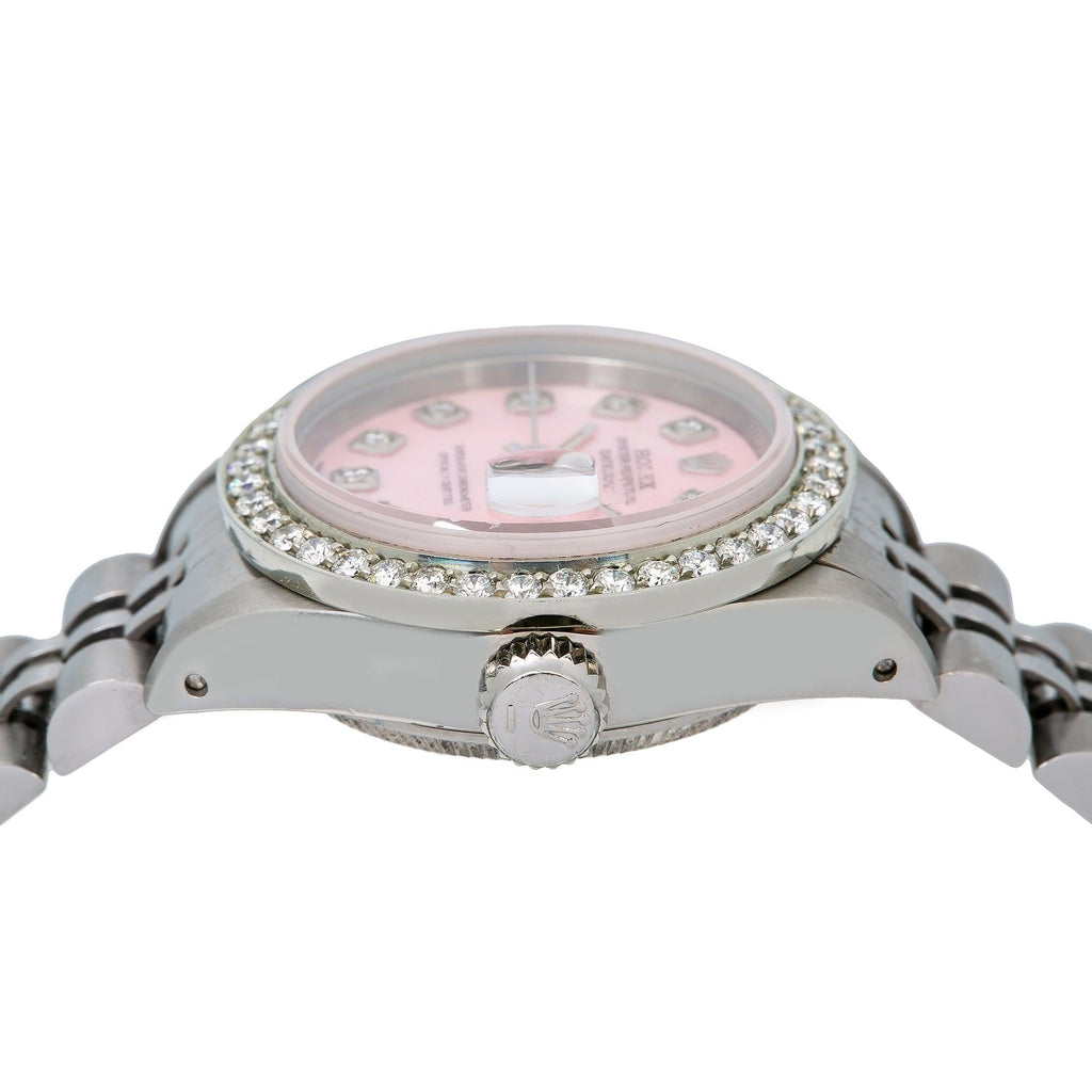 Pre-Owned Rolex Datejust 26MM 6916 Pink Mother of Pearl Diamond Dial Diamond Bezel Stainless Steel Jubilee Bracelet