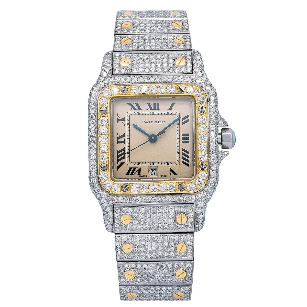 Pre-Owned Cartier Santos Galbée 29MM 1566 Champagne Roman Dial Yellow Gold Diamond Bezel Two Tone Yellow Gold Full Diamond Bracelet