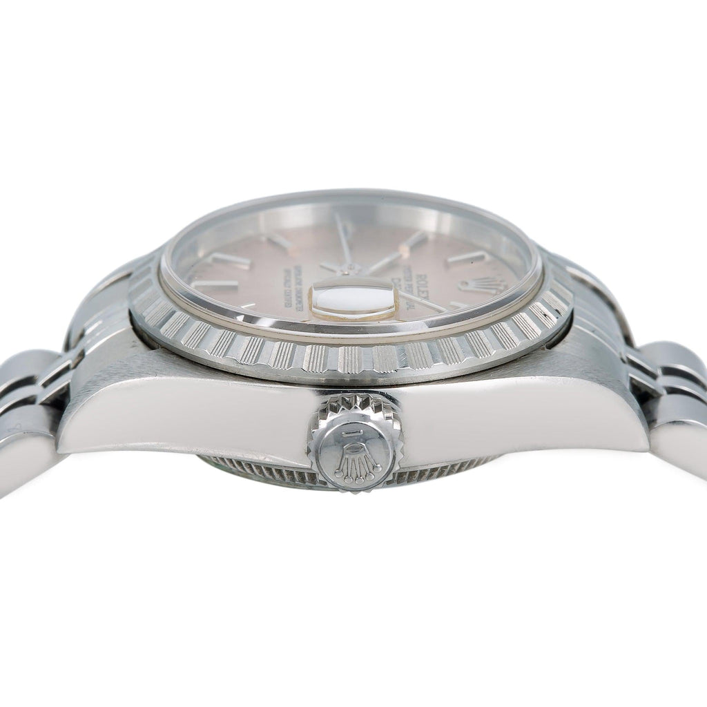 Pre-Owned Rolex Date 26MM 6924 Brown Dial Engine Turned Bezel Stainless Steel Jubilee Bracelet