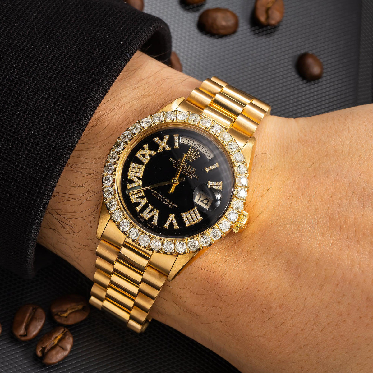 Pre-Owned Rolex Day-Date 36MM 1803 Black Roman Diamond Dial Diamond Bezel 18K Yellow Gold President Bracelet