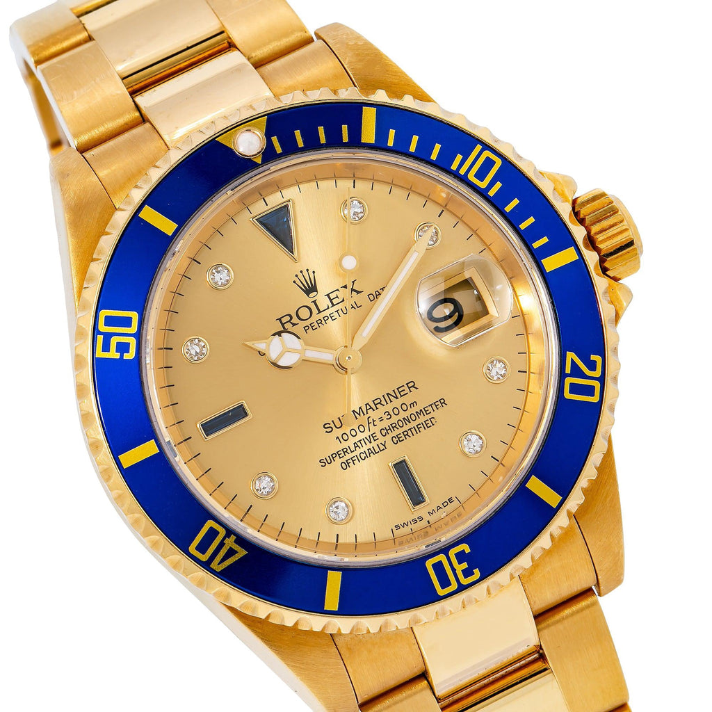 Pre-Owned Rolex Submariner Date 40MM 16618 Champagne Diamond Dial Blue Ceramic Bezel 18K Yellow Gold Oyster Bracelet