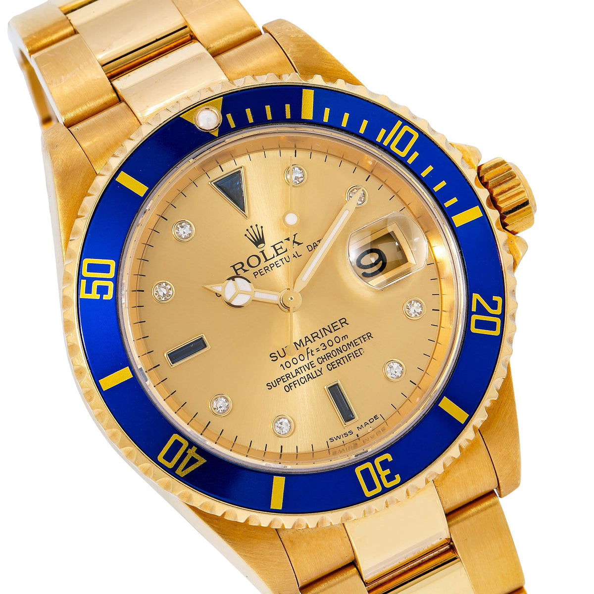 Pre-Owned Rolex Submariner Date 40MM 16618 Champagne Diamond Dial Blue Ceramic Bezel 18K Yellow Gold Oyster Bracelet