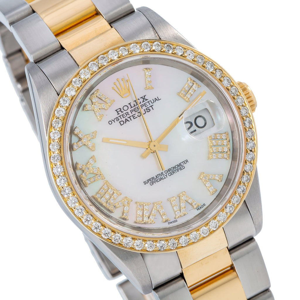 Pre-Owned Rolex Datejust 36MM 16203 Mother of Pearl Roman Diamond Dial Diamond Bezel Two Tone Yellow Gold Oyster Bracelet