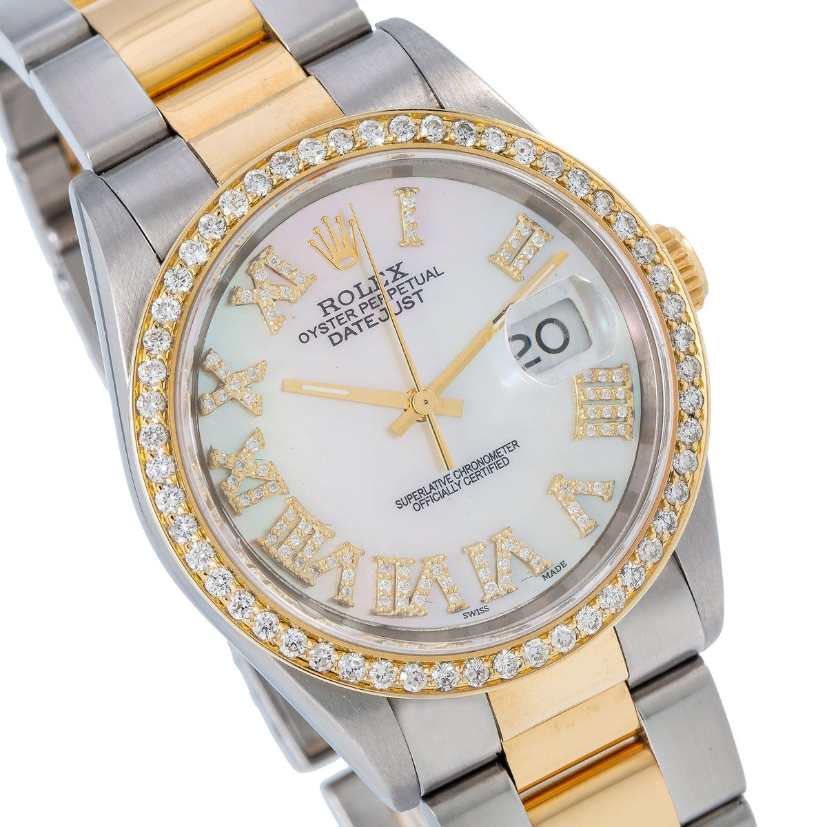 Pre-Owned Rolex Datejust 36MM 16203 Mother of Pearl Roman Diamond Dial Diamond Bezel Two Tone Yellow Gold Oyster Bracelet