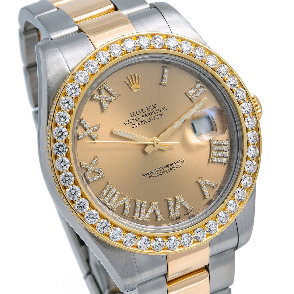 Pre-Owned Rolex Datejust II 41MM 116333 Champagne Roman Diamond Dial Diamond Bezel Two Tone Yellow Gold Oyster Bracelet