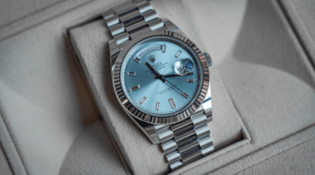 Pre-Owned Rolex Platinum President Day-Date 40 â€“ Ice Blue Baguette Dial Ref. 228236