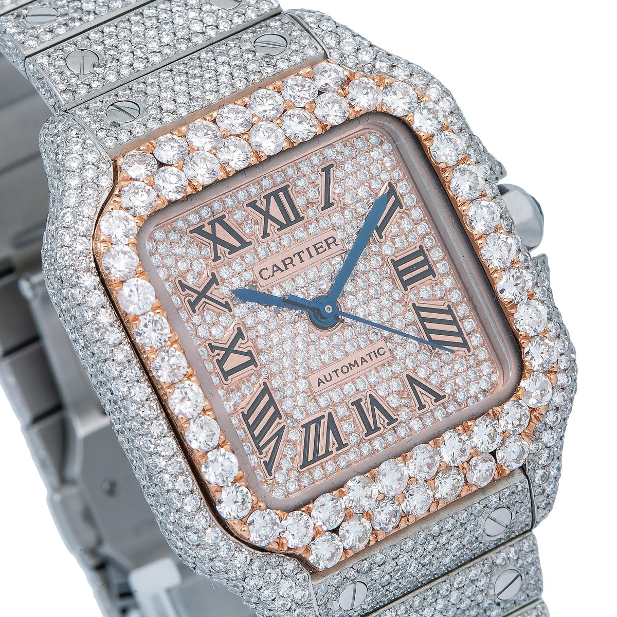 Pre-Owned Cartier Santos 35.1MM WSSA0029 Diamond Paved Rose Gold Roman Dial Rose Gold Diamond Bezel Stainless Steel Full Diamond Bracelet 18.75ct
