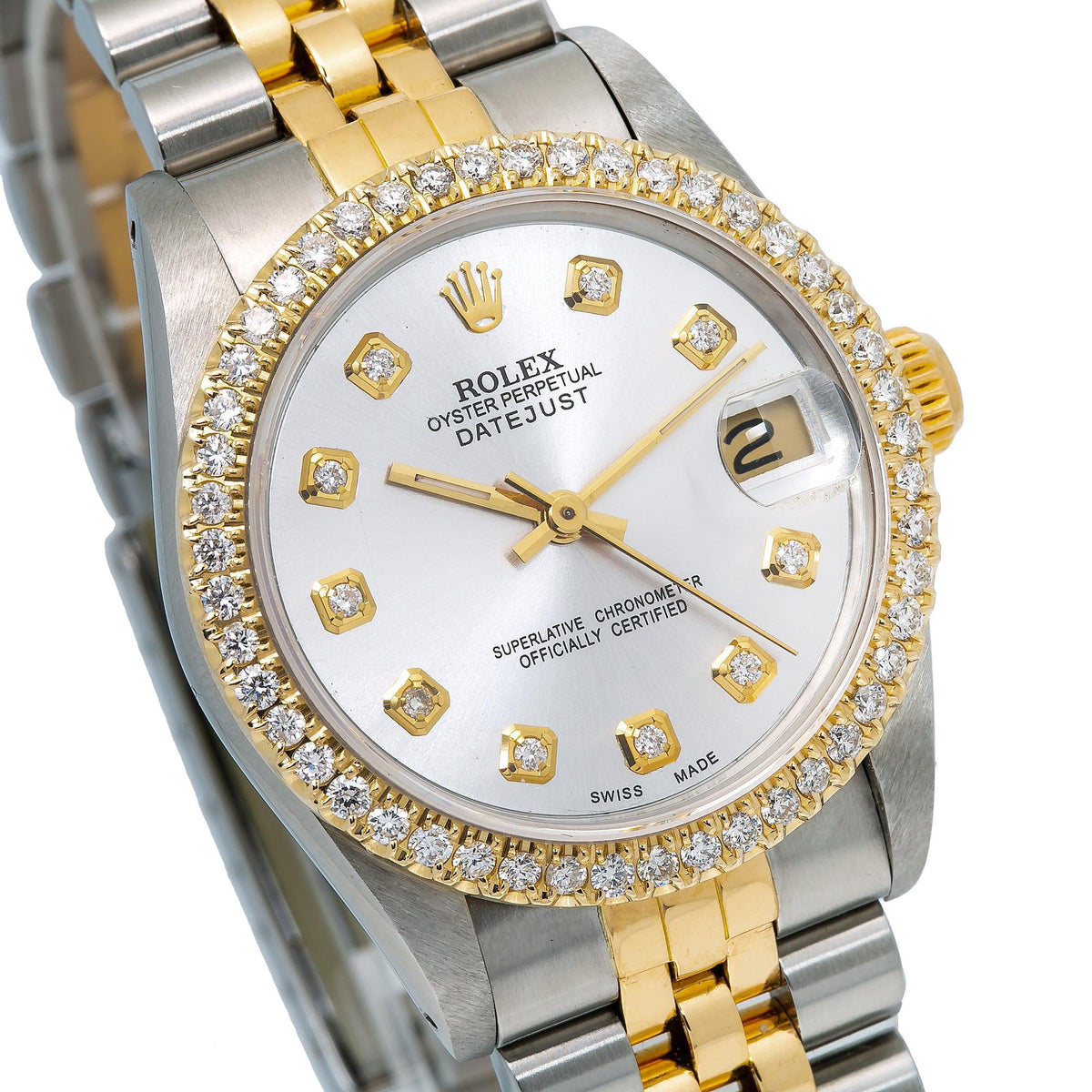 Pre-Owned Rolex Datejust 31MM 6824 Silver Diamond Dial Diamond Bezel Two Tone Yellow Gold Jubilee Bracelet