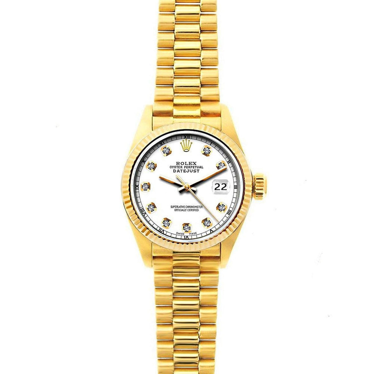 Pre-Owned Rolex Datejust 26MM 69178 White Diamond Dial Fluted Bezel 18K Yellow Gold President Bracelet