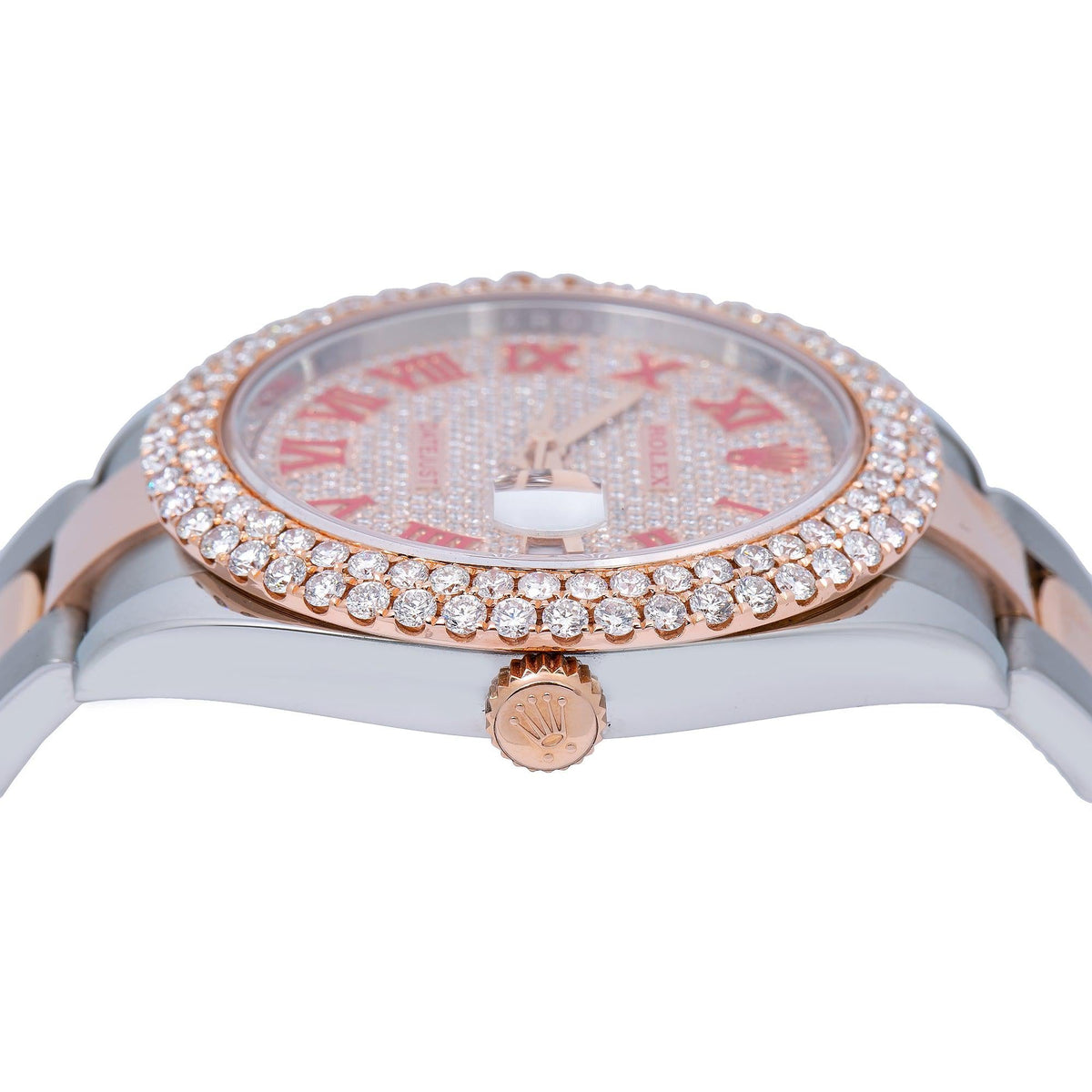 Pre-Owned Rolex Datejust 41MM 126331 Diamond Paved Red Roman Dial Diamond Bezel Two Tone Rose Gold Oyster Bracelet
