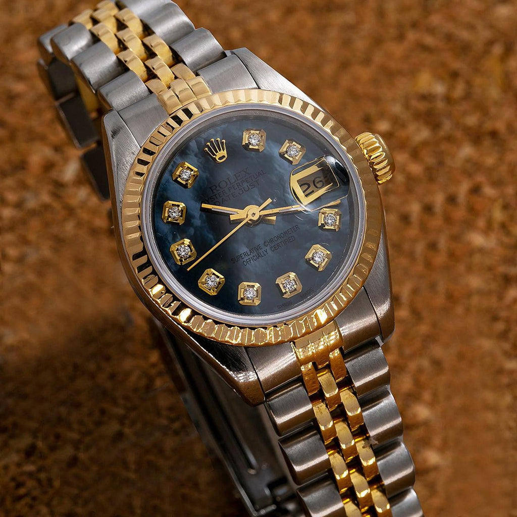 Pre-Owned Rolex Datejust 26MM 69173 Blue Mother of Pearl Diamond Dial Fluted Bezel Two Tone Yellow Gold Jubilee Bracelet