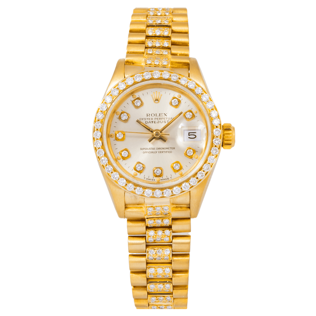 Pre-Owned Rolex Datejust 26MM 69178 Mother of Pearl Diamond Dial Diamond Bezel 18K Yellow Gold Semi Diamond President Bracelet